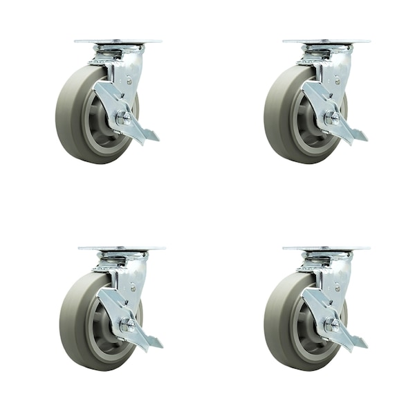 6 Inch Thermoplastic Rubber Swivel Caster Set with Roller Bearings and Brake SCC